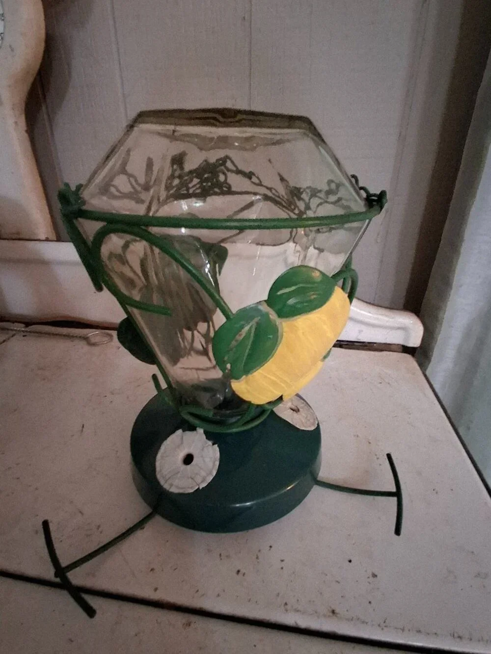 Vintage Glass with Metal Lemons Hummingbird Feeder